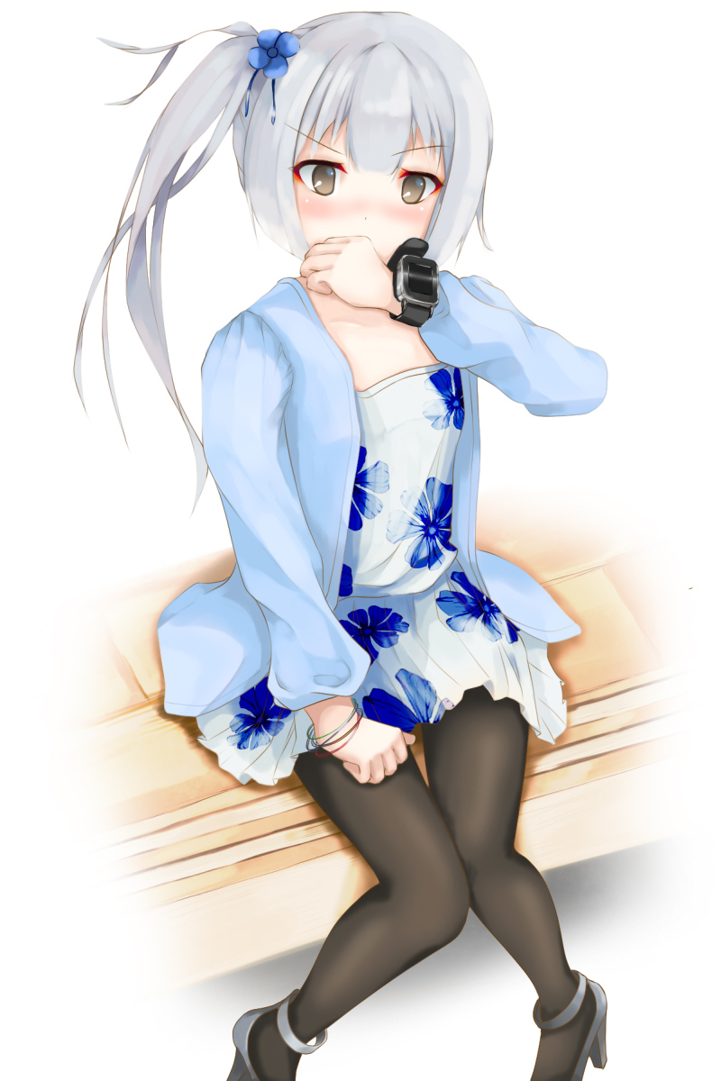 1girl alternate_costume bangle black_legwear blue_coat blush bracelet brown_eyes collarbone cosplay dress eyebrows_visible_through_hair floral_print flower grey_hair hair_between_eyes hair_flower hair_ornament hand_covering_mouth high_heels highres jewelry kantai_collection kasumi_(doa) kasumi_(doa)_(cosplay) kasumi_(kantai_collection) long_hair long_sleeves looking_at_viewer momin pantyhose pleated_dress side_ponytail sidelocks sitting sitting_on_object watch watch