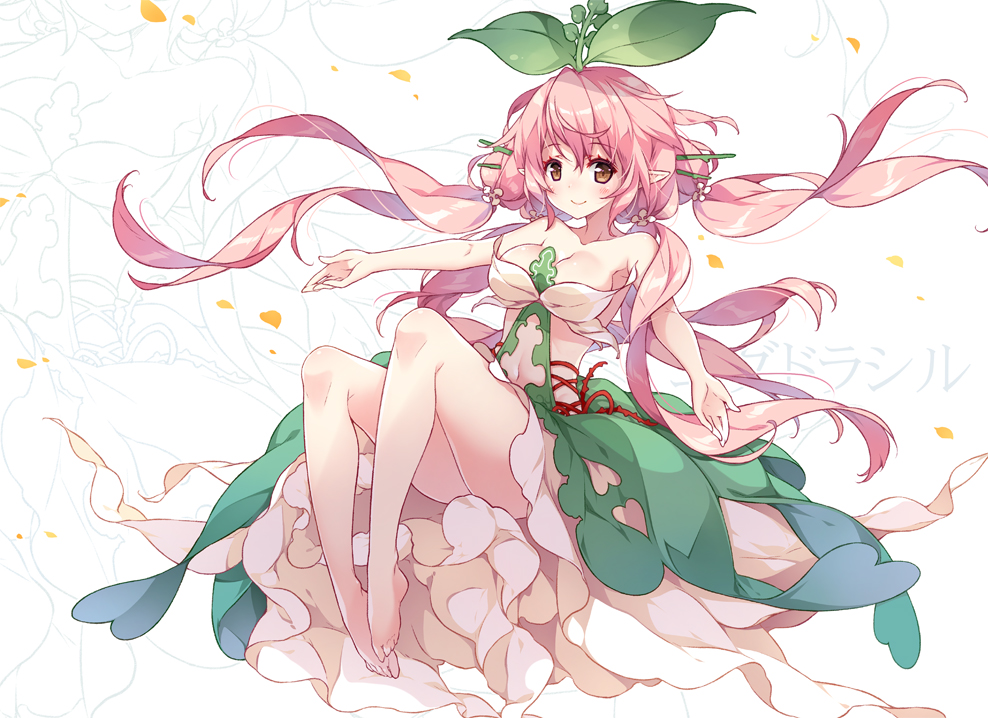 1girl bare_legs bare_shoulders blush breasts brown_eyes cleavage dress granblue_fantasy hair_ornament hair_stick leaf leaf_on_head long_hair looking_at_viewer low_twintails medium_breasts pink_dress pink_hair pointy_ears reina_(black_spider) smile solo twintails yggdrasill_(granblue_fantasy)