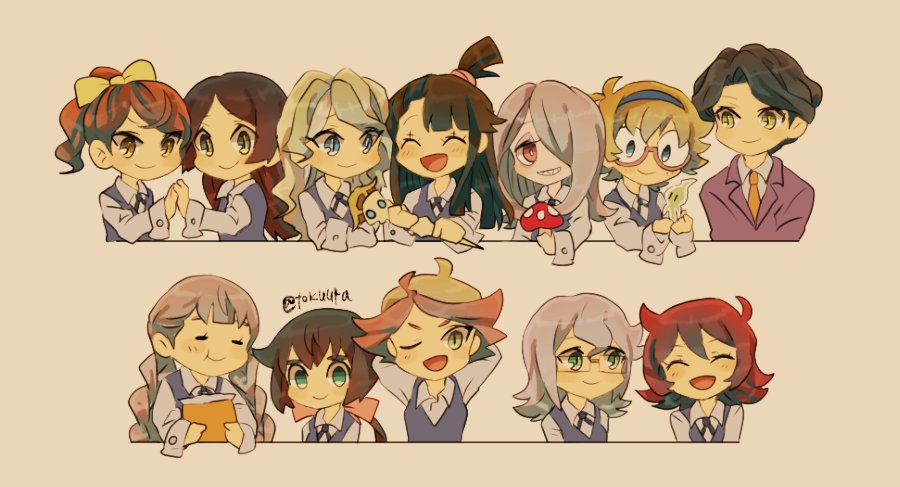 1boy amanda_o'neill andrew_hanbridge barbara_parker broom brown_hair constanze_amalie_von_braunschbank-albrechtsberger diana_cavendish hair_over_one_eye half-closed_eyes hanna_england hat kagari_atsuko little_witch_academia long_hair lotte_jansson multiple_girls pale_skin red_eyes shiny_chariot sucy_manbavaran tokuura ursula_charistes witch witch_hat