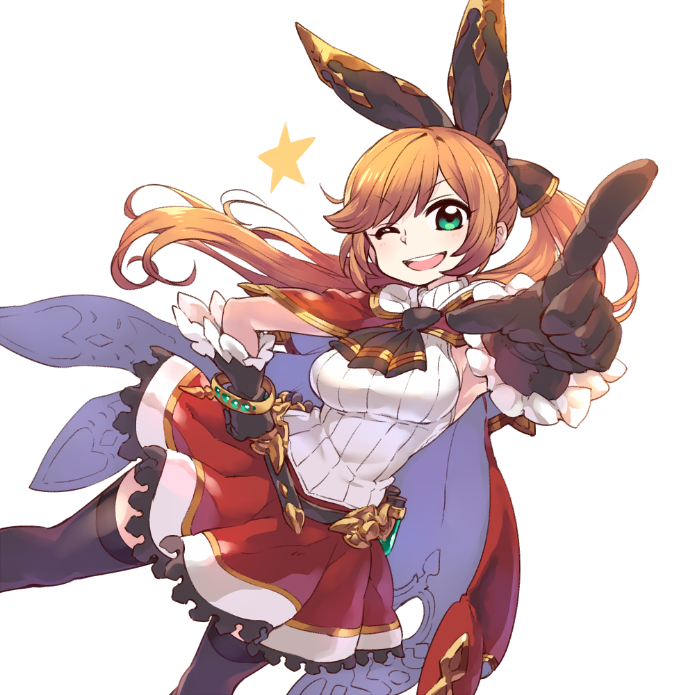 &gt;;d 1girl ;d aqua_eyes ascot black_gloves black_ribbon cape chan_co clarisse_(granblue_fantasy) commentary_request gloves granblue_fantasy hair_ribbon index_finger_raised long_hair one_eye_closed open_mouth orange_hair ponytail red_skirt ribbon simple_background skirt smile solo star vial white_background