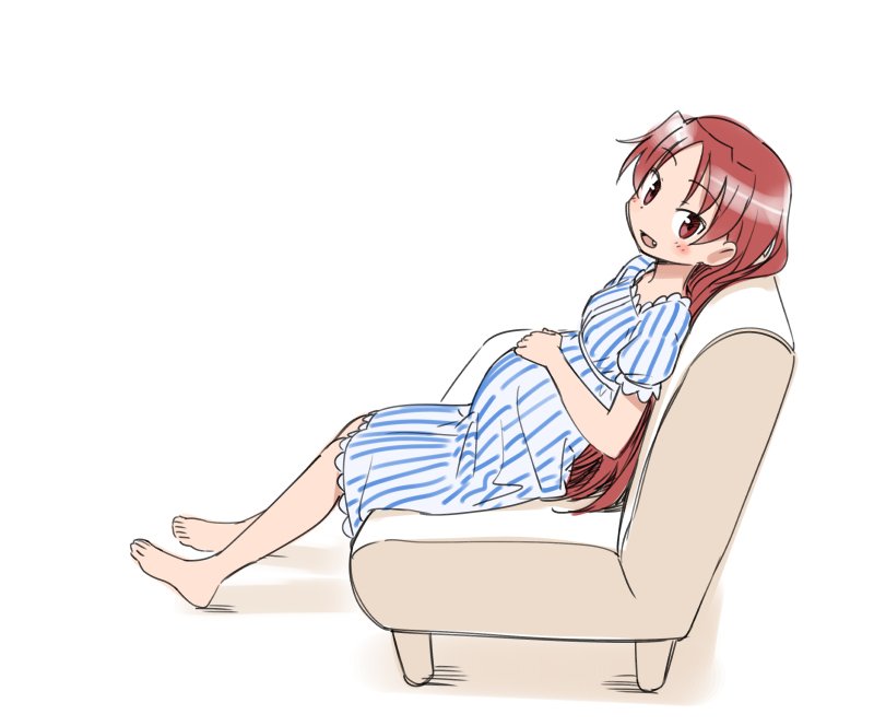 1girl :d bangs barefoot blush commentary_request couch dress eyebrows_visible_through_hair fang from_side full_body hand_on_own_stomach ikezawa_shin leaning_back long_hair looking_at_viewer looking_to_the_side mahou_shoujo_madoka_magica older open_mouth pregnant red_eyes redhead sakura_kyouko short_sleeves simple_background sitting smile solo striped striped_dress very_long_hair white_background