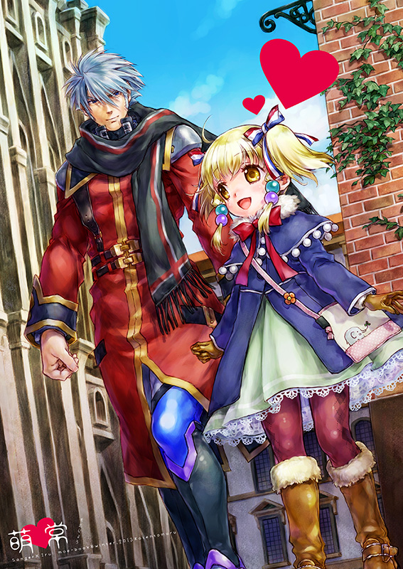 1boy 1girl :d argyle argyle_legwear bag bangs black_footwear black_scarf blonde_hair blue_capelet blue_coat blue_eyes blue_sky blush boots bow brick_wall brown_footwear brown_gloves building capelet child closed_mouth clouds coat commentary_request cover cover_page day doujin_cover dress eye_contact eyebrows_visible_through_hair fur_collar gloves green_dress hair_bow hair_ribbon heart house irui_guneden knee_boots lace lace-trimmed_dress long_hair long_sleeves looking_at_another nakamura_kanko open_mouth outdoors pantyhose pom_pom_(clothes) red_bow red_coat red_legwear ribbon sanger_zonvolt scarf shoulder_bag silver_hair sky smile striped striped_bow striped_ribbon super_robot_wars translation_request twintails walking yellow_eyes