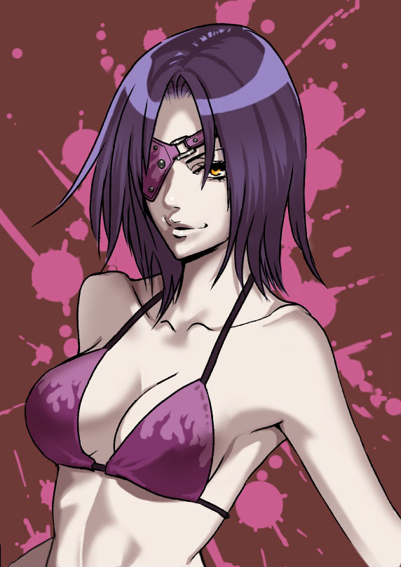 1girl breasts brown_background cleavage collarbone eyepatch grey_skin hilda_(outlaw_star) long_hair looking_at_viewer medium_breasts ogami orange_eyes outlaw_star purple_bikini_top purple_hair simple_background smile solo upper_body