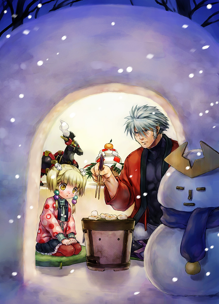 1boy 1girl :o bangs black_shirt black_skirt blonde_hair blue_eyes blue_scarf blush bunny_hair_ornament child chopsticks closed_mouth coat eyebrows_visible_through_hair food frilled_skirt frills fruit green_sweater grey_hair grey_pants grill hair_bobbles hair_ornament highres holding_chopsticks irui_guneden kagami_mochi long_hair long_sleeves mandarin_orange mochi nakamura_kanko night outdoors pants pantyhose parted_lips pillow pleated_skirt quinzhee red_coat red_legwear sanger_zonvolt scarf shichirin shirt sitting skirt snow snow_shelter snowing snowman super_robot_wars sweater turtleneck turtleneck_sweater twintails wagashi wariza yellow_eyes