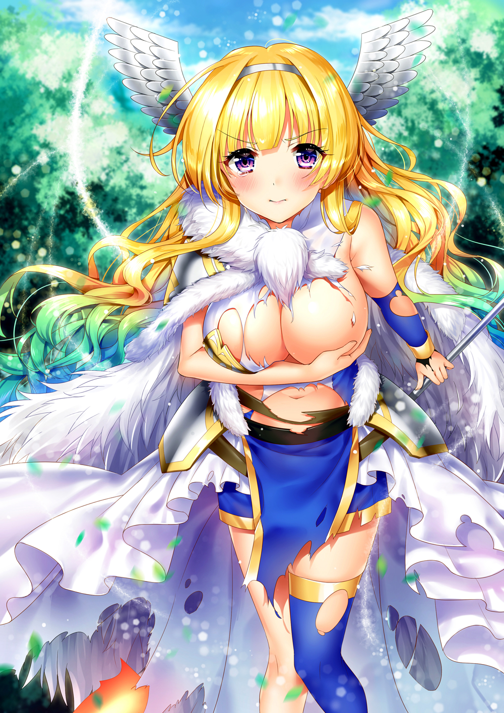 &gt;:( 1girl bangs bible_bullet blonde_hair blue_legwear blue_sky blush breast_hold breasts cape character_request closed_mouth covering covering_breasts cowboy_shot day dress fur_trim gradient_hair green_hair highres large_breasts leaning_forward long_hair looking_at_viewer multicolored_hair navel silver15 single_thighhigh sky solo stomach sunlight tearing_up tears thigh-highs torn_clothes torn_dress torn_thighhighs very_long_hair violet_eyes wavy_hair white_wings winged_hair_ornament wings