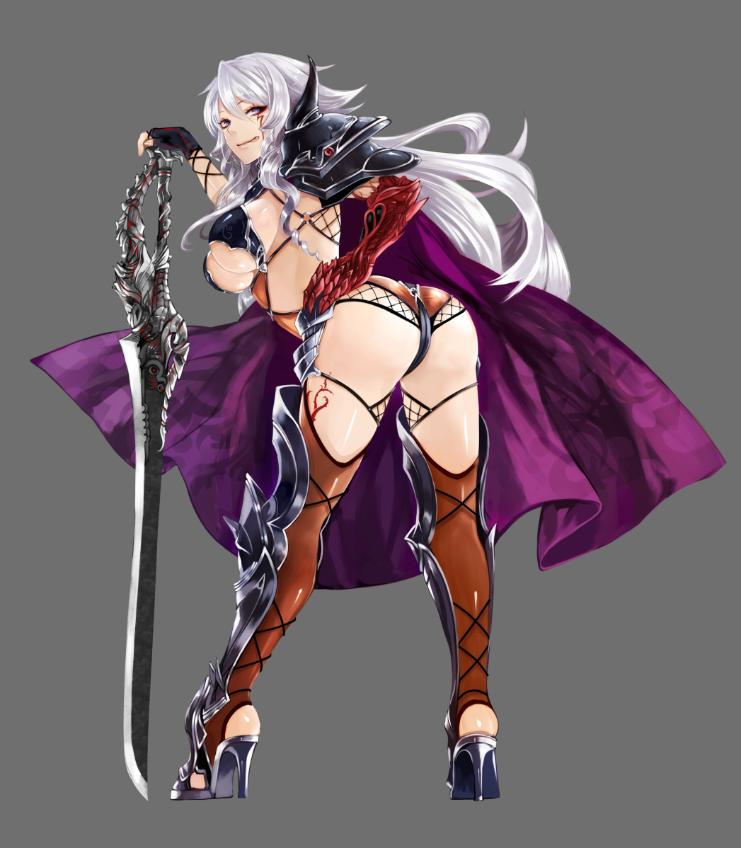 1girl :p apt armor ass bikini_armor blue_eyes breasts brown_legwear cape fingerless_gloves fishnets full_body gloves grey_background gyakushuu_no_fantasica heel-less_platform_footwear high_heels large_breasts long_hair looking_at_viewer looking_back official_art pauldrons platform_footwear sideboob silver_hair simple_background single_glove smile solo standing sword thigh-highs tongue tongue_out under_boob weapon