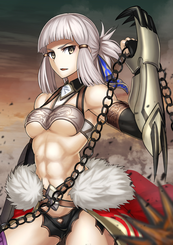 1girl abs bandeau bangs bare_shoulders belt black_gloves blue_ribbon blunt_bangs blurry breasts brown_belt cape chains claw_(weapon) clouds commentary_request cowboy_shot debris depth_of_field dust elbow_gloves fate/grand_order fate_(series) fingerless_gloves fur-trimmed_cape fur_trim gloves gradient_sky grey_eyes grey_hair hair_ribbon halterneck hand_up holding kotera_ryou looking_at_viewer looking_to_the_side medium_breasts navel open_mouth penthesilea_(fate/grand_order) red_cape ribbon serious short_hair sidelocks sky solo standing toned under_boob waist_cape weapon wing_collar