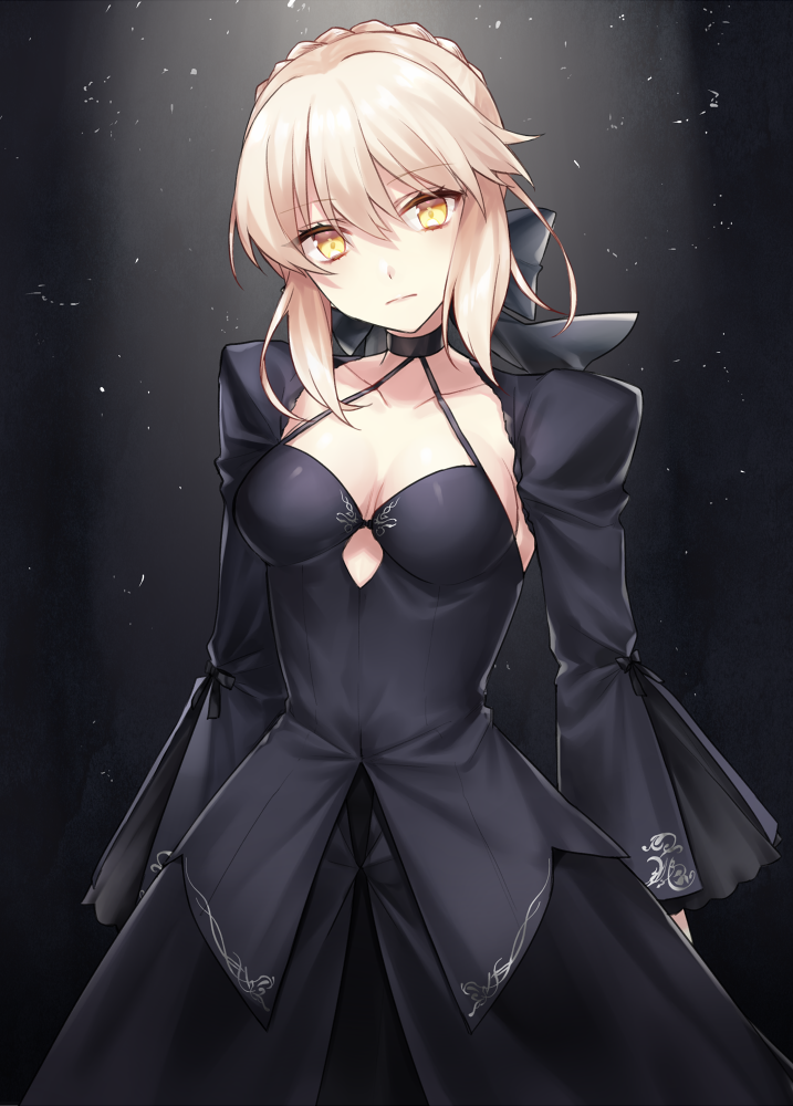 1girl artoria_pendragon_(all) black_bow black_dress blonde_hair bow braid breasts closed_mouth collarbone cowboy_shot dress fate/grand_order fate_(series) french_braid hair_bow halter_dress head_tilt hsiao juliet_sleeves long_sleeves looking_at_viewer medium_breasts pale_skin platinum_blonde puffy_sleeves saber_alter solo yellow_eyes