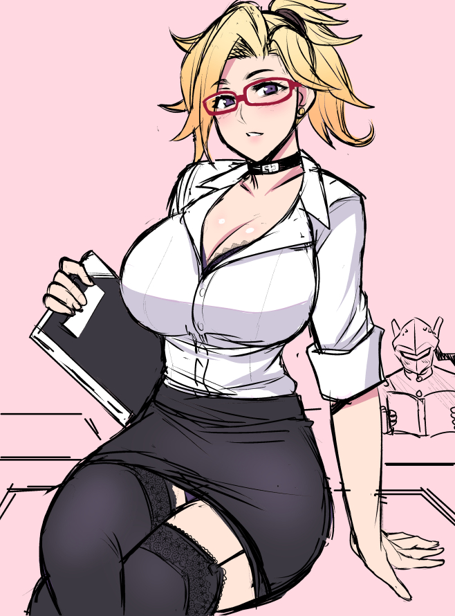 1boy 1girl alternate_costume bespectacled black_legwear black_skirt blonde_hair blush breasts cleavage collar collarbone cyborg eyebrows_visible_through_hair genji_(overwatch) glasses hair_tie large_breasts looking_at_viewer glasses_man mercy_(overwatch) overwatch panties pantyshot pantyshot_(sitting) school_uniform sitting skirt solo_focus teacher thigh-highs underwear violet_eyes