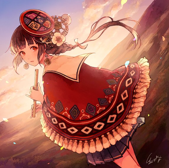 1girl akagi_shun bangs blue_sky blunt_bangs braid brown_hair capelet clouds cloudy_sky dutch_angle earrings eyebrows_visible_through_hair flute hair_ornament hair_ribbon holding holding_instrument instrument jewelry looking_at_viewer looking_back original outdoors parted_lips pleated_skirt red_eyes ribbon sailor_collar school_uniform serafuku signature single_braid skirt sky solo standing sunset tress_ribbon
