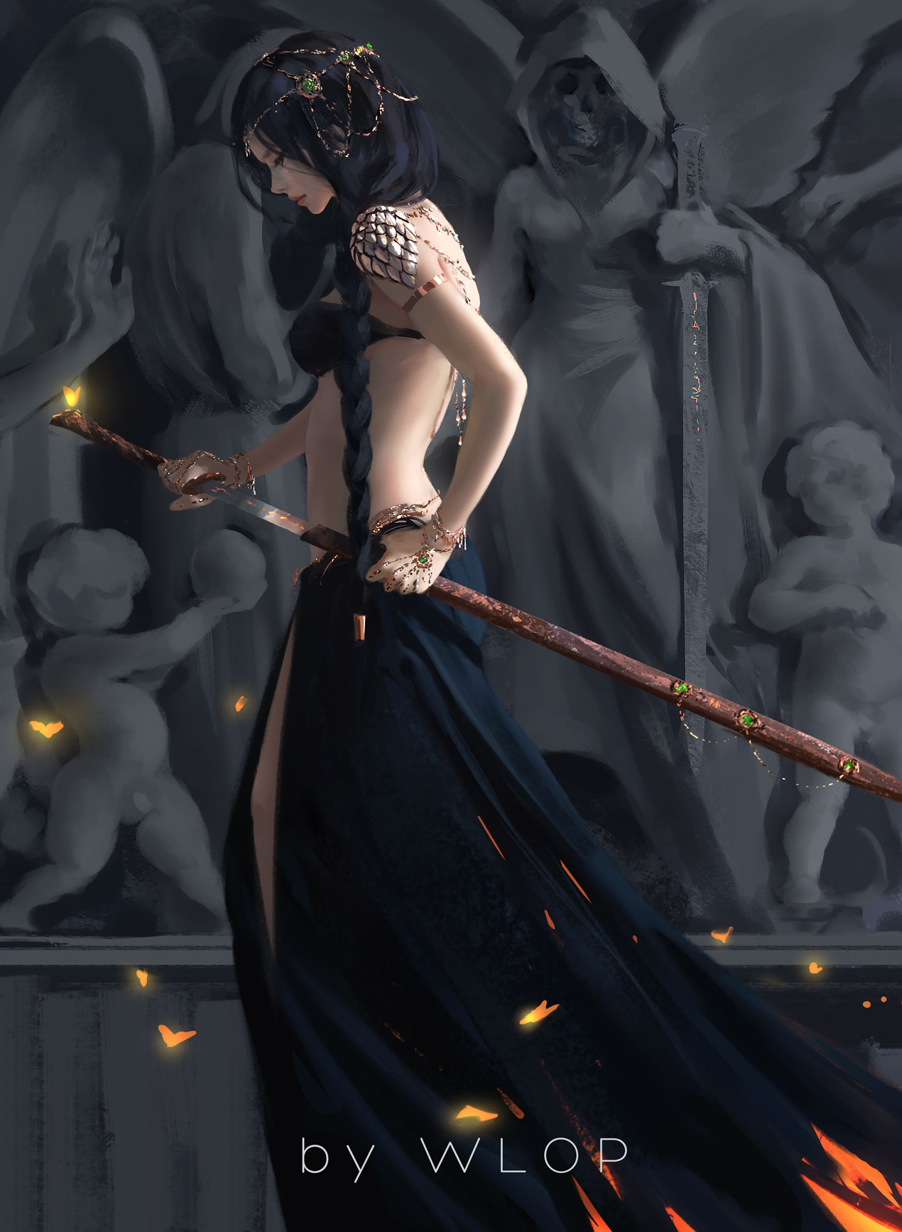 1girl armlet artist_name black_bra black_dress black_hair bra braid closed_mouth dress fighting_stance fire flame from_side gem hair_over_shoulder highres holding holding_sheath holding_sword holding_weapon jewelry lips long_hair looking_down profile sheath single_braid solo sparks standing statue sword underwear unsheathing very_long_hair walking weapon wlop