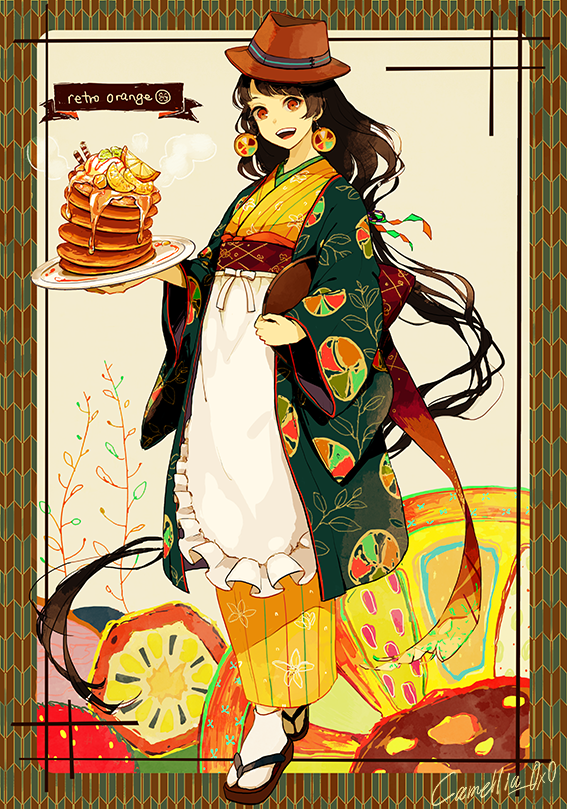 1girl :d absurdly_long_hair akagi_shun apron bangs brown_eyes brown_hair brown_hat commentary_request earrings food food_print frame fruit hat holding holding_tray japanese_clothes jewelry kimono long_hair long_sleeves looking_at_viewer obi open_mouth orange orange_slice original pancake sash signature smile solo standing tabi tray very_long_hair waist_apron walking wide_sleeves yellow_kimono zouri