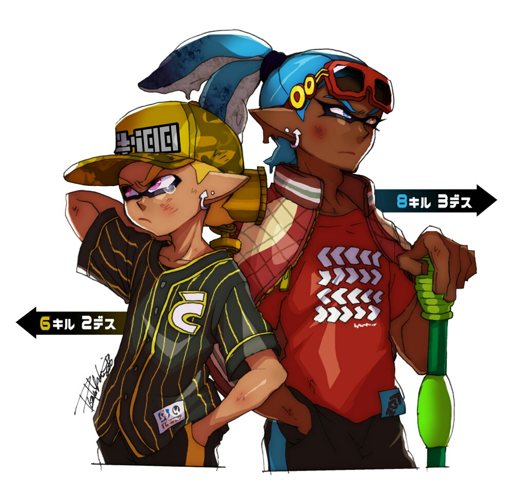 2boys arm_behind_head artist_name back-to-back baseball_cap baseball_jersey black_shirt black_shorts blue_eyes blue_hair camouflage_hat closed_mouth dark_skin dirty_face domino_mask earrings frown hair_pulled_back hand_in_pocket hat heterochromia holding holding_weapon inkling inkling_(language) isamu-ki_(yuuki) jacket jacket_on_shoulders jewelry letterman_jacket male_focus mask multiple_boys pointy_ears print_shirt red_shirt shirt short_hair short_sleeves shorts signature single_vertical_stripe splat_roller_(splatoon) splatoon standing striped striped_shirt sunglasses sunglasses_on_head t-shirt tearing_up tentacle_hair topknot translated upper_body vertical-striped_shirt vertical_stripes weapon yellow_eyes yellow_hat