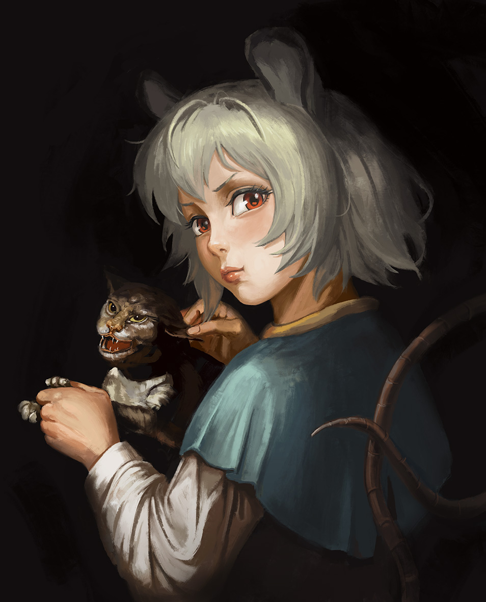 1girl amibazh animal_ears capelet cat closed_mouth fine_art_parody from_behind long_sleeves looking_at_viewer looking_back mouse_ears mouse_tail nazrin parody red_eyes short_hair silver_hair solo tail touhou upper_body