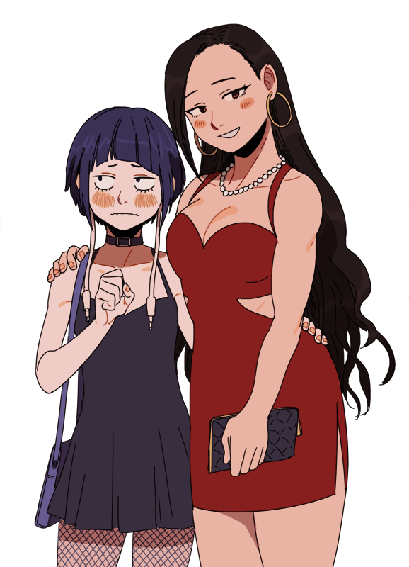 2girls alternate_hairstyle asymmetrical_bangs bag bangs bare_shoulders black_dress blunt_bangs blush boku_no_hero_academia breasts brown_eyes brown_hair choker cleavage closed_mouth cowboy_shot dress earrings fishnets hand_on_another's_hip hand_on_another's_shoulder handbag hoop_earrings jewelry jirou_kyouka long_hair looking_away multiple_girls necklace parted_lips pearl_necklace purple_hair red_dress short_hair strawberryjamm very_long_hair wavy_hair wavy_mouth white_background yaoyorozu_momo yuri