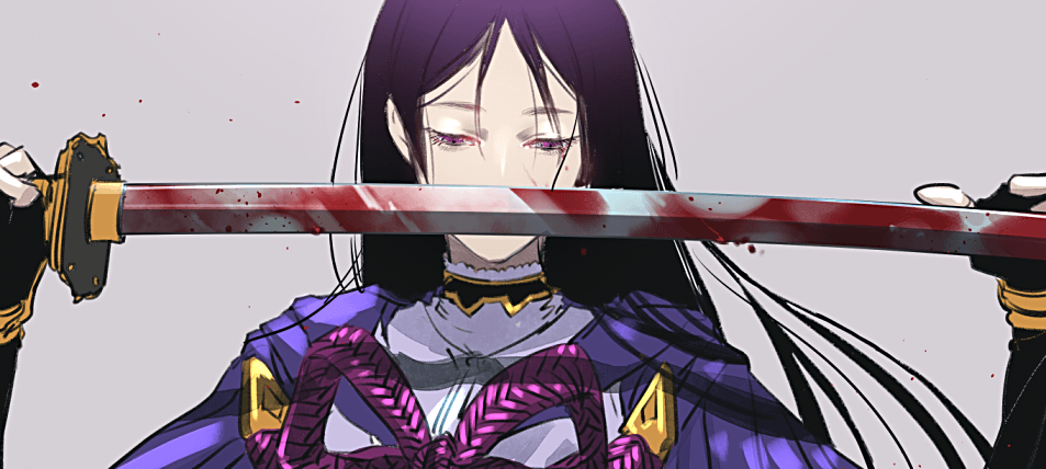1girl black_gloves blood blood_stain bloody_weapon blue_dress covered_mouth dress fate/grand_order fate_(series) fingerless_gloves gloves grey_background hair_between_eyes hands_up holding holding_sword holding_weapon katana long_hair long_sleeves looking_down minamoto_no_raikou_(fate/grand_order) purple_hair simple_background solo sword violet_eyes weapon yosi135