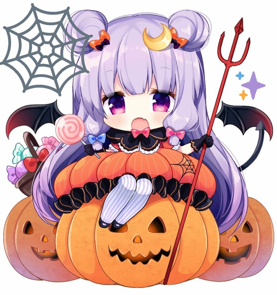 1girl basket black_gloves blue_bow bow candy chibi demon_tail demon_wings double_bun dress fang food frilled_dress frills gloves hair_bow halloween halloween_costume holding jack-o'-lantern jpeg_artifacts lollipop long_hair looking_at_viewer open_mouth orange_dress patchouli_knowledge polearm pumpkin purple_hair purple_legwear red_bow shiika_yuno silk simple_background smile solo spider_web striped striped_legwear tail thigh-highs touhou trident very_long_hair violet_eyes weapon white_background wings