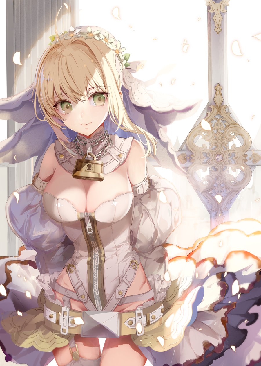 1girl bare_shoulders blonde_hair bodysuit breasts cleavage closed_mouth detached_collar fate/extra fate/extra_ccc fate_(series) green_eyes highres lock looking_at_viewer medium_breasts padlock saber_bride saber_extra smile solo white_bodysuit yukisame