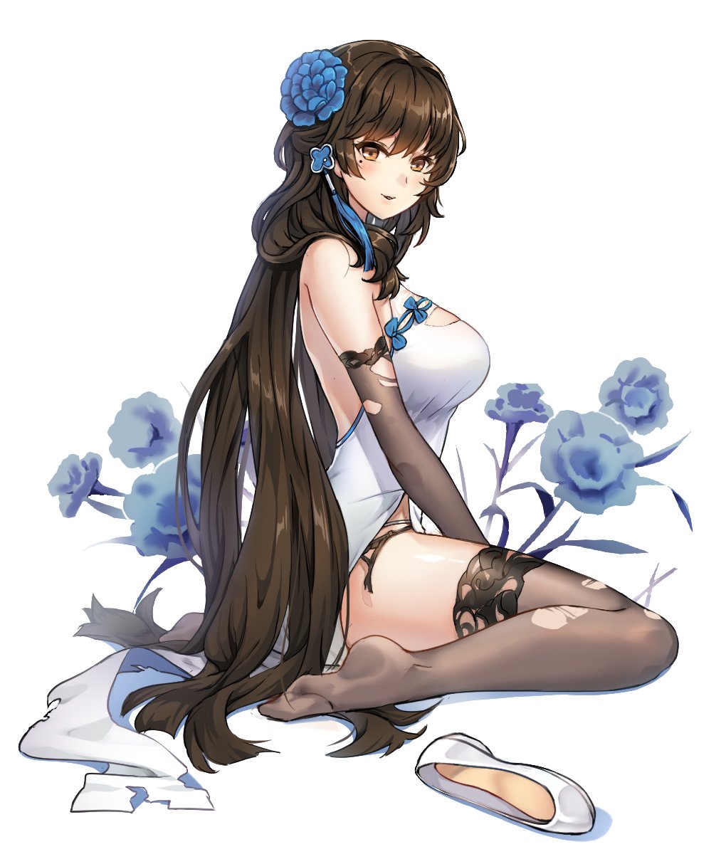 1girl bangs breasts brown_eyes brown_gloves brown_hair brown_legwear china_dress chinese_clothes dress elbow_gloves flower from_side garter_belt girls_frontline gloves gustav_cho hair_flower hair_ornament highres large_breasts long_hair looking_at_viewer mole mole_under_eye parted_lips qbz-95_(girls_frontline) shoes_removed side_slit sitting solo string_panties thigh-highs torn_clothes torn_gloves torn_thighhighs very_long_hair wariza white_dress