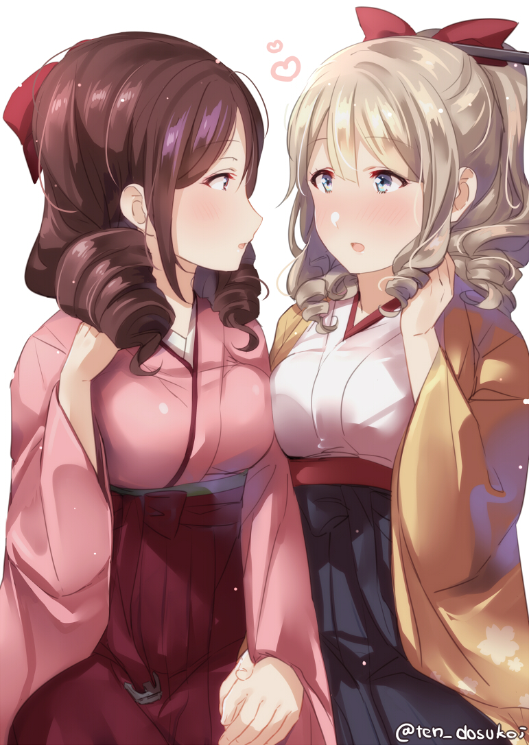 2girls :o ;d black_hakama black_skirt bow breast_press breasts brown_hair couple cowboy_shot drill_hair eye_contact female hair_between_eyes hair_bow hair_ornament hair_ribbon hakama hakama_skirt hand_holding hand_up harukaze_(kantai_collection) hatakaze_(kantai_collection) heart highres japanese_clothes juurouta kantai_collection kimono large_breasts light_brown_hair long_hair looking_at_another meiji_schoolgirl_uniform multiple_girls neck open_mouth pink_clothes pink_kimono ponytail red_bow red_eyes red_hakama red_ribbon red_skirt ribbon sitting symmetrical_docking twin_drills twitter_username v-neck yellow_clothes yellow_kimono yuri