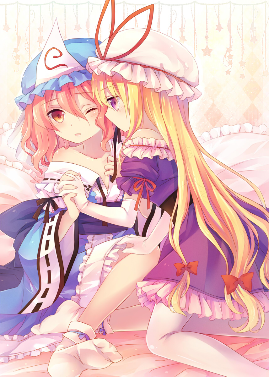 2girls argyle argyle_background bangs bare_shoulders black_ribbon blonde_hair blue_kimono blush bobby_socks bow collarbone curly_hair dress elbow_gloves eyebrows_visible_through_hair frilled_dress frills from_side gloves gradient_eyes hair_between_eyes hair_bow hat hat_ribbon highres holding_hand japanese_clothes kimono lilith_(lilithchan) long_hair long_sleeves low-tied_long_hair mob_cap mouth_hold multicolored multicolored_eyes multiple_girls obi off_shoulder one_eye_closed open_mouth pink_hair purple_dress red_bow red_ribbon ribbon ribbon-trimmed_collar ribbon_in_mouth ribbon_trim saigyouji_yuyuko sash short_hair socks star touhou triangular_headpiece violet_eyes white_gloves white_legwear wide_sleeves yakumo_yukari yuri