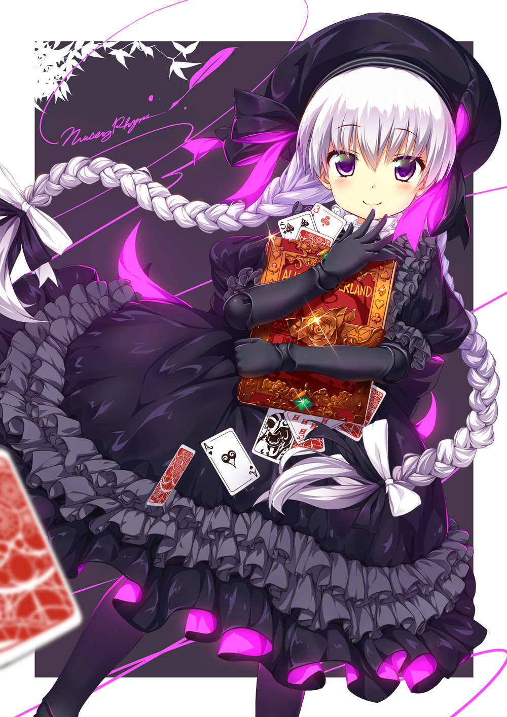 1girl bangs beret black_dress black_legwear book braid card character_name closed_mouth doll_joints dress eyebrows_visible_through_hair fate/extra fate_(series) gothic_lolita hair_between_eyes hat highres holding holding_book lavender_hair lolita_fashion long_hair looking_at_viewer nursery_rhyme_(fate/extra) pantyhose playing_card smile solo standing twin_braids ugume very_long_hair violet_eyes white_hair