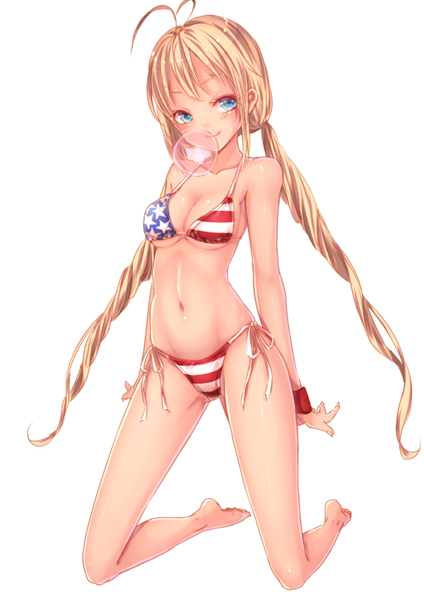 1girl american_flag_bikini antenna_hair bad_id bad_pixiv_id bangs bare_legs barefoot bikini blonde_hair blue_eyes blush breasts bubble_blowing chewing_gum cleavage closed_mouth collarbone flag_print full_body half-closed_eyes kneeling kyara36 long_hair looking_at_viewer low_twintails medium_breasts original side-tie_bikini sidelocks simple_background smile solo swimsuit twintails white_background