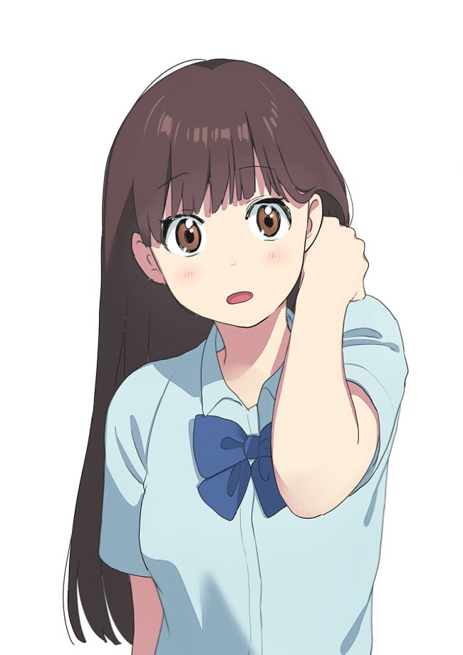 1girl arm_at_side arm_up bangs blue_shirt blunt_bangs blush brown_eyes brown_hair collared_shirt eyebrows_visible_through_hair hand_in_hair kawai_makoto looking_at_viewer open_mouth shirt short_sleeves simple_background solo upper_body white_background wing_collar