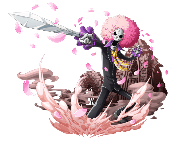 1boy afro black_jacket black_pants bodskih brook cherry_blossoms holding holding_sword holding_weapon jacket long_hair necktie one_piece open_mouth pants pink_hair purple_shirt shiny shiny_clothes shirt skull solo sword transparent_background weapon yellow_necktie