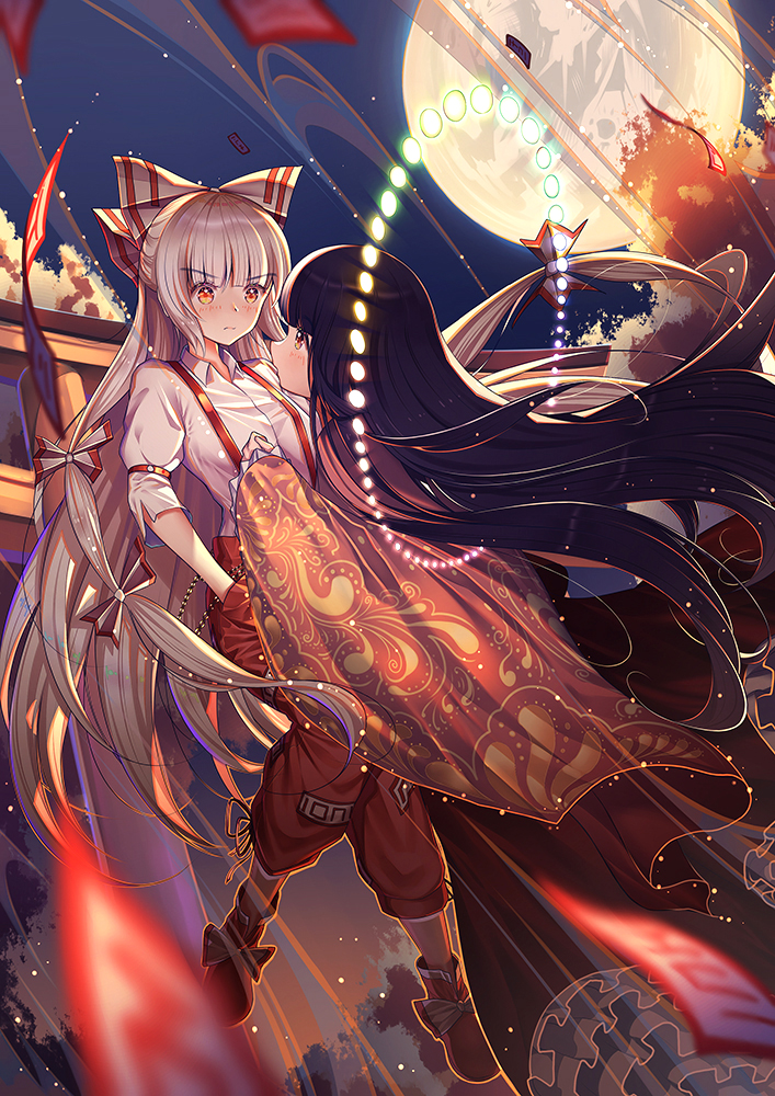 2girls bangs black_hair blunt_bangs bow commentary_request danmaku eyebrows_visible_through_hair fujiwara_no_mokou full_moon hair_bow hands_in_pockets houraisan_kaguya japanese_clothes kimono long_hair long_sleeves moon multiple_girls night night_sky ofuda outdoors pants red_eyes red_pants red_shoes shirt shoe_bow shoes sky suspenders torii touhou very_long_hair white_bow white_hair white_shirt wide_sleeves xiaosan_ye