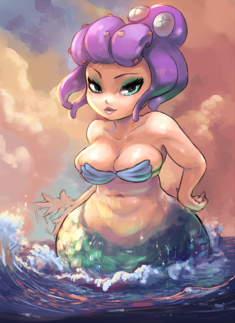 10s 1girl bare_shoulders belly breasts cala_maria_(cuphead) cleavage cuphead_(game) curvy cutesexyrobutts green_eyes hand_on_hip looking_at_viewer medium_breasts mermaid monster_girl naughty_face navel ocean octopus parted_lips raised_eyebrow simple_background solo water wide_hips