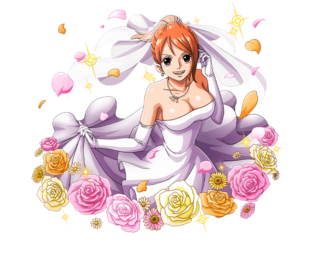 1girl :d bodskih breasts bridal_veil brown_eyes cleavage dress earrings elbow_gloves floating_hair gloves hand_in_hair jewelry large_breasts long_hair nami_(one_piece) necklace one_piece open_mouth orange_flower orange_hair pink_flower ponytail shiny shiny_skin skirt_hold sleeveless sleeveless_dress smile solo strapless strapless_dress transparent_background veil wedding_dress white_dress white_gloves yellow_flower