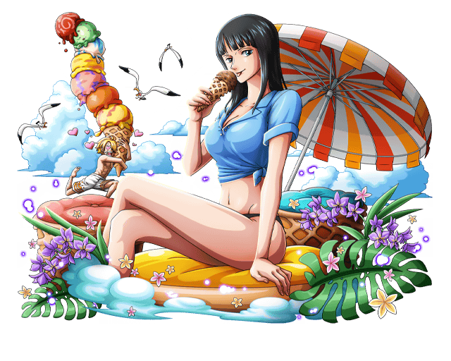 1boy 1girl bird black_bikini_bottom black_hair blonde_hair blue_eyes blue_shirt bodskih breasts cleavage collarbone food heart holding holding_food ice_cream large_breasts legs_crossed long_hair looking_at_viewer multiple_girls navel nico_robin one_piece open_mouth sanji shirt short_sleeves sitting stomach swimwear tied_shirt tongue tongue_out transparent_background