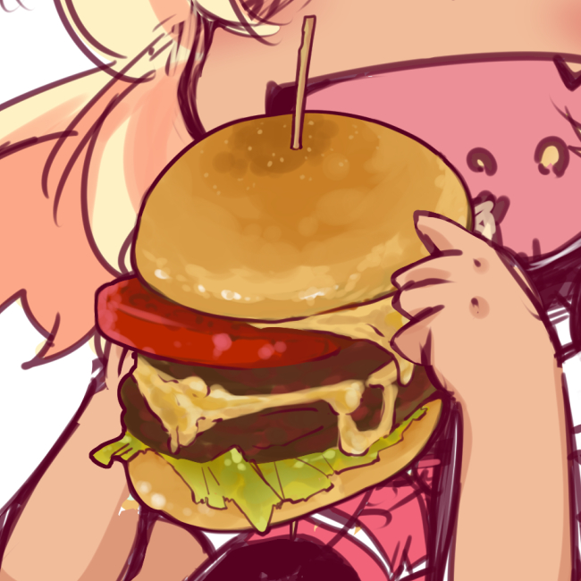 1girl blonde_hair blush bow cheese cheese_trail close-up closed_eyes darkness directional_arrow eating fang food hamburger lettuce muuba navel rumia short_hair solo tan tomato toothpick touhou