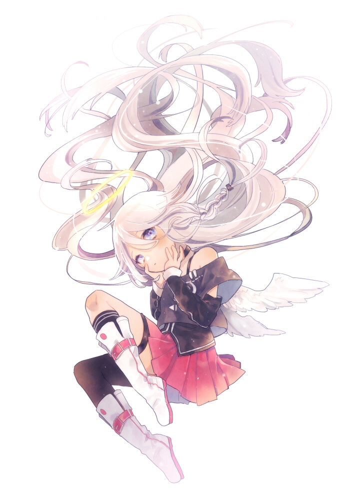 1girl alternate_hair_color angel_wings bare_shoulders black_legwear black_neckwear black_shirt blue_eyes blush boots braid closed_eyes commentary feathered_wings grey_hair halo hands_on_own_face head_tilt ia_(vocaloid) knee_boots kneehighs kouhara_yuyu long_hair long_sleeves looking_at_viewer mismatched_legwear off_shoulder pleated_skirt red_skirt shirt simple_background single_kneehigh single_thighhigh skirt solo thigh-highs very_long_hair vocaloid white_background white_boots white_wings wings