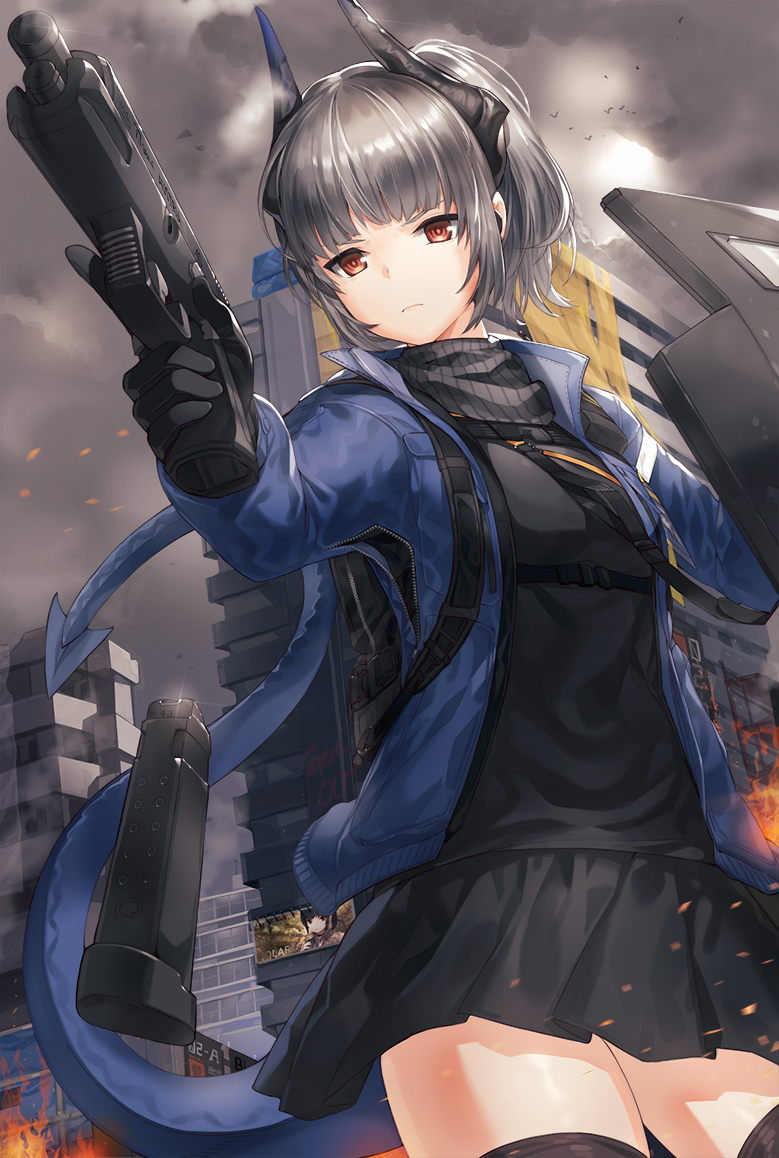 &gt;:( 1girl black_gloves black_legwear black_shirt black_skirt blue_jacket brown_eyes city closed_mouth clouds cloudy_sky cowboy_shot day dragon-girl dragon_horns dragon_tail fire gloves grey_hair grey_sky gun handgun holding holding_gun holding_weapon horns jacket kfr long_sleeves looking_at_viewer magazine_(weapon) medium_hair original outdoors pistol pleated_skirt ruins scarf serious shirt skirt sky smoke solo sparks tail thigh-highs trigger_discipline weapon