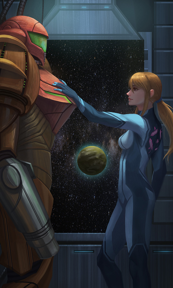 1girl arm_cannon blonde_hair bodysuit from_side highres low_ponytail metroid planet ponytail power_armor samus_aran smile solo space standing star_(sky) varia_suit weapon window yagaminoue zero_suit