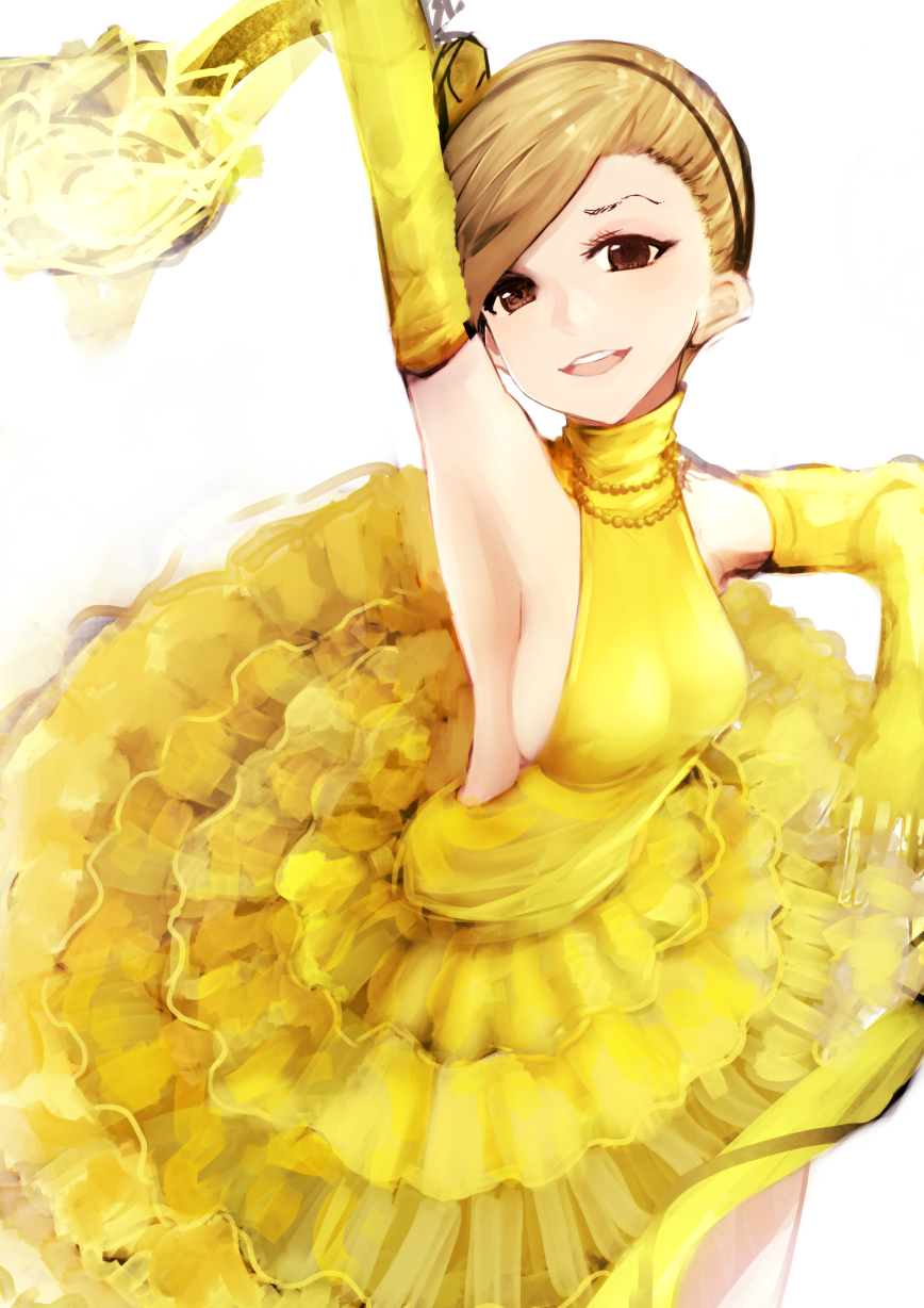1girl akagi_mako arm_up armpits ballroom_e_youkoso breasts brown_eyes brown_hair dress elbow_gloves gloves hair_bun hairband highres jewelry looking_at_viewer necklace open_mouth sketch small_breasts solo tonisuta yellow_dress