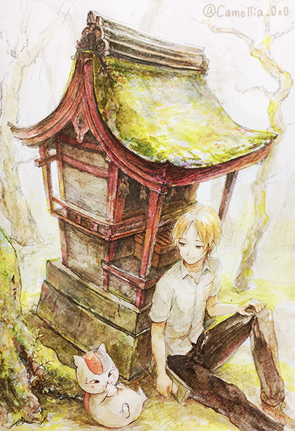 1boy akagi_shun black_pants blonde_hair book branch breast_pocket cat closed_mouth collared_shirt creature eating hand_on_own_knee holding holding_book looking_at_another lying natsume_yuujinchou nyanko on_back on_ground outdoors pants pocket root shirt shoes short_sleeves shrine sitting smile tree white_shirt