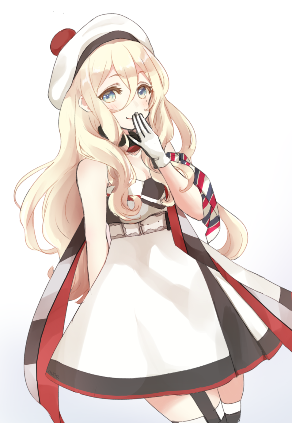 1girl armband bare_shoulders beret blonde_hair blue_eyes blush garter_straps gloves gradient gradient_background hat highres kantai_collection long_hair mole mole_under_eye multicolored multicolored_clothes multicolored_gloves nuno_(pppompon) pom_pom_(clothes) richelieu_(kantai_collection) smile solo thigh-highs white_legwear