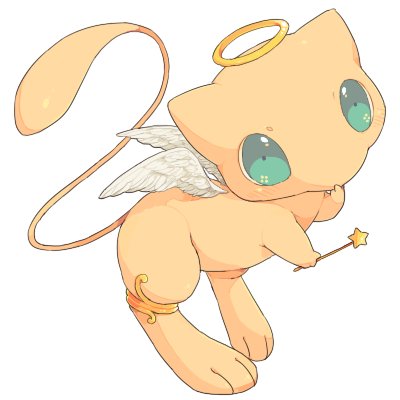 angel_wings blue_eyes feathered_wings full_body halo hand_to_own_mouth hideko_(l33l3b) holding holding_wand legband looking_at_viewer lowres mew no_humans pokemon pokemon_(creature) simple_background solo wand white_background wings