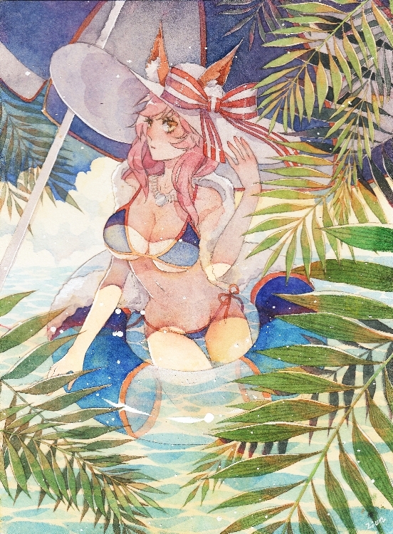 1girl beach_umbrella bow breasts clouds hat hat_bow innertube jewelry large_breasts liaoyuan navel necklace outdoors pink_hair solo striped striped_bow swimsuit traditional_media umbrella water watercolor_(medium) white_hat