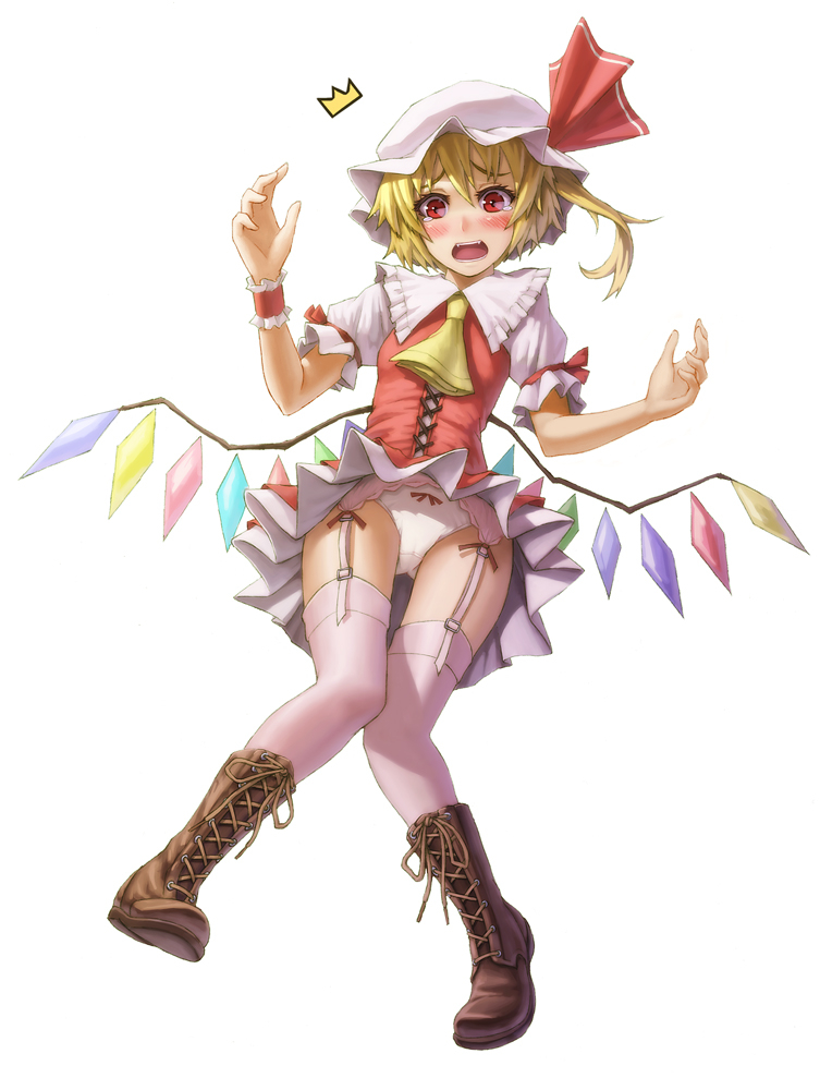 /\/\/\ 1girl adapted_costume ascot blonde_hair blush boots cross-laced_footwear flandre_scarlet full_body garter_belt hat kurione_(zassou) lace-up_boots open_mouth panties photoshop pink_legwear red_eyes short_hair side_ponytail simple_background skirt solo tears thigh-highs touhou underwear upskirt white_background white_panties wind wind_lift wings wrist_cuffs