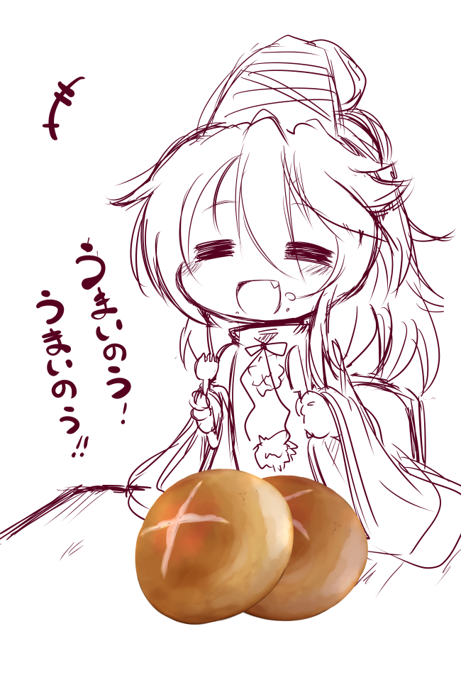 +++ 1girl :d =_= bread eating fang food hat knife mononobe_no_futo muuba open_mouth sketch smile solo spork tate_eboshi touhou