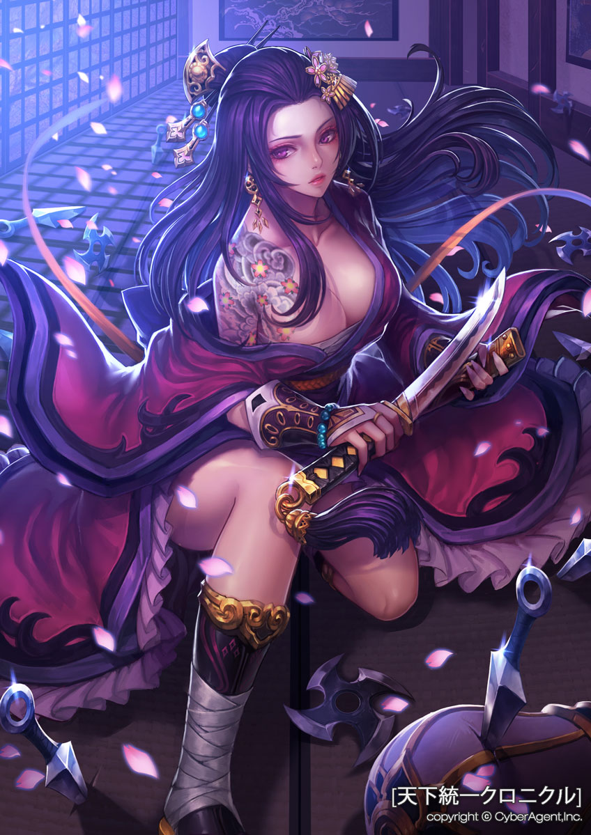 1girl black_hair breasts cleavage dagger earrings hair_ornament hair_stick heewon_kang holding holding_knife indoors jewelry knife kunai large_breasts long_hair looking_at_viewer official_art pink_eyes shuriken solo tatami watermark weapon