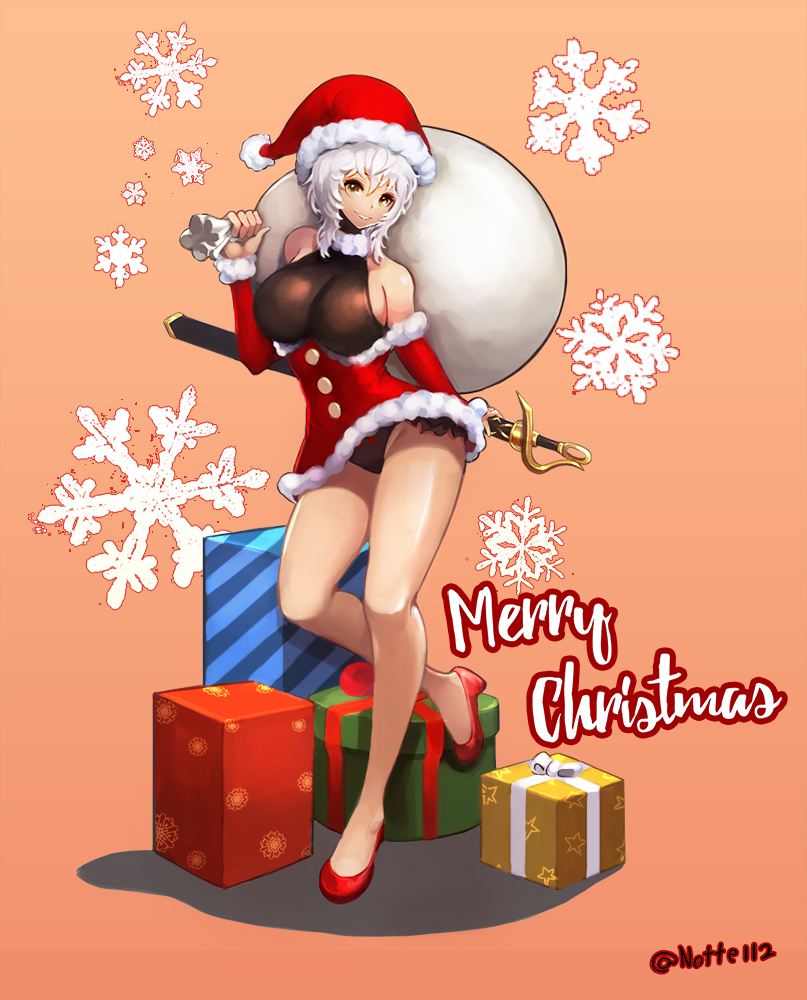 1girl bangs bare_shoulders black_leotard box breasts christmas detached_sleeves dress dungeon_and_fighter fur_trim gift gift_box hat high_heels holding holding_sword holding_weapon large_breasts leotard leotard_under_clothes looking_at_viewer merry_christmas notte parted_lips sack santa_costume santa_hat sheath sheathed short_dress smile snowflakes solo sword undershirt weapon