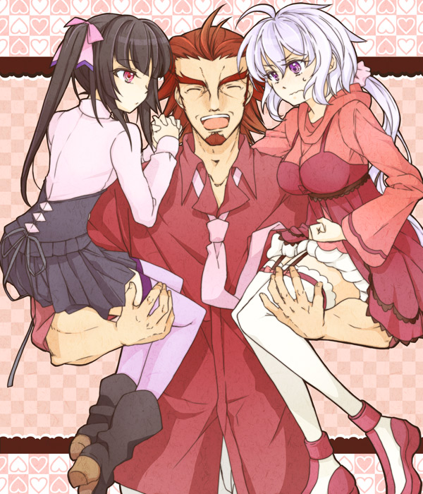 10s 1boy 2girls :d :o bangs black_footwear black_hair blunt_bangs boots breasts carrying cleavage clenched_hand commentary_request dress facial_hair garter_straps goatee hands_together hottate interlocked_fingers jewelry kazanari_genjuurou large_breasts long_hair multiple_girls necklace open_mouth pleated_skirt purple_legwear purple_shoes red_dress redhead senki_zesshou_symphogear shoes short_hair shoulder_carry skirt smile sweatdrop thigh-highs tsukuyomi_shirabe twintails violet_eyes wavy_mouth white_legwear yukine_chris