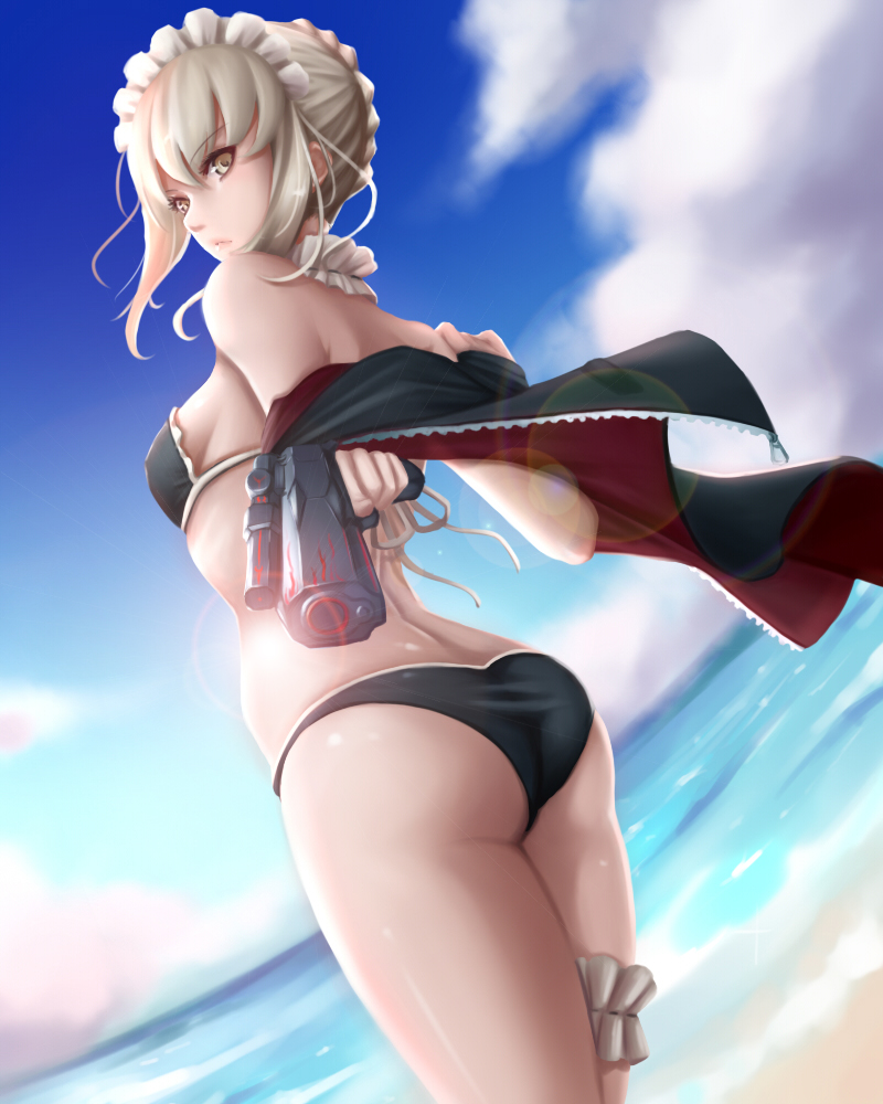 1girl aiming_at_viewer artoria_pendragon_(all) artoria_pendragon_(swimsuit_rider_alter)_(fate) ass bare_shoulders bikini black_bikini black_jacket blonde_hair blue_sky breasts closed_mouth clouds day dutch_angle dydydyok expressionless eyebrows_visible_through_hair fate/grand_order fate_(series) from_behind gun holding holding_gun holding_weapon horizon jacket leg_garter legs_together lips looking_at_viewer looking_back maid_headdress neck_garter ocean off_shoulder open_clothes open_jacket saber_alter short_hair sideboob sky small_breasts solo standing swimsuit unzipped water weapon yellow_eyes zipper
