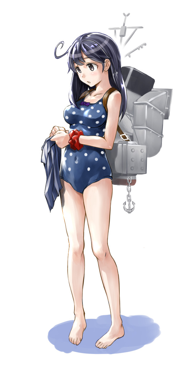 1girl ahoge akito_(pixiv3623507) anchor barefoot black_eyes black_hair blue_swimsuit casual_one-piece_swimsuit full_body highres kantai_collection long_hair machinery one-piece_swimsuit polka_dot polka_dot_swimsuit rigging simple_background skirt skirt_removed smokestack solo standing swimsuit ushio_(kantai_collection) white_background