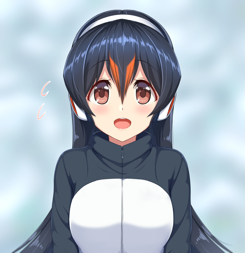 1girl black_hair black_jacket blurry blurry_background blush brown_eyes eyebrows_visible_through_hair flying_sweatdrops gentoo_penguin_(kemono_friends) hair_between_eyes headphones jacket kemono_friends long_hair multicolored multicolored_clothes multicolored_hair multicolored_jacket open_mouth orange_hair solo upper_body watayoshi_(suiiho) white_jacket zipper zipper_pull_tab